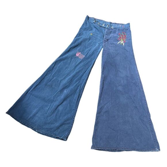 Vintage 1970s One of a Kind Hand Embroidered Extreme Flare Bell Bottom Pants - Picture 1 of 10